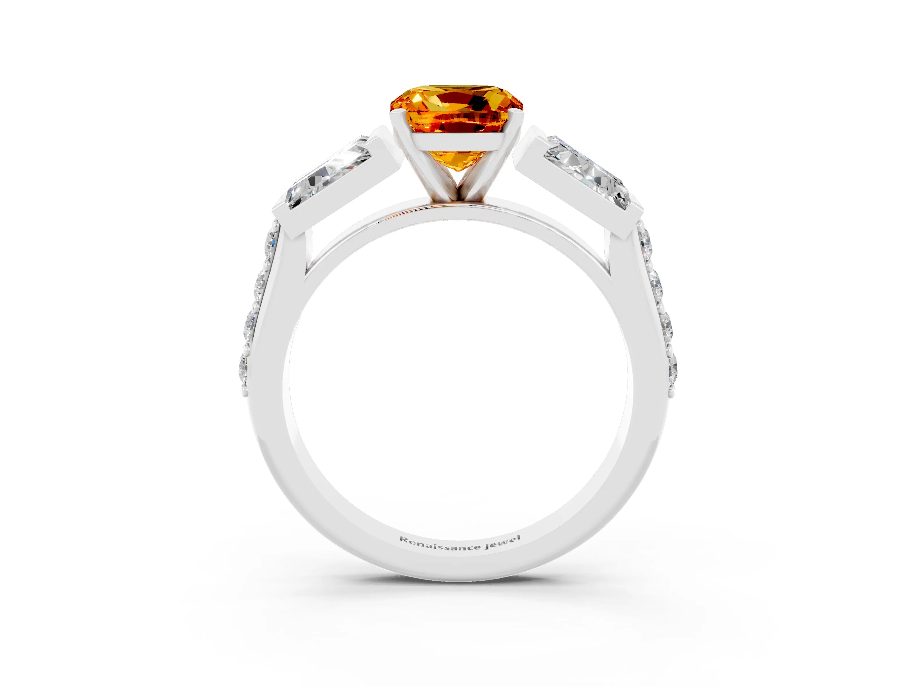White gold Cushion Cut Citrine Engagement Ring with Baguette Side Stones and Channel Set Band_3