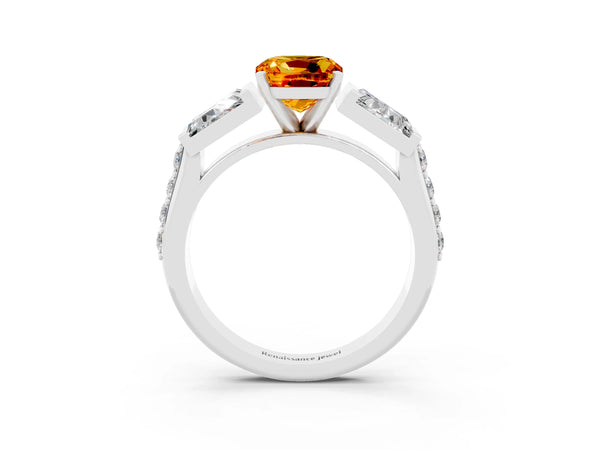 White gold Cushion Cut Citrine Engagement Ring with Baguette Side Stones and Channel Set Band