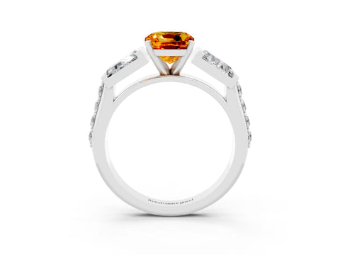 White gold Cushion Cut Citrine Engagement Ring with Baguette Side Stones and Channel Set Band_3