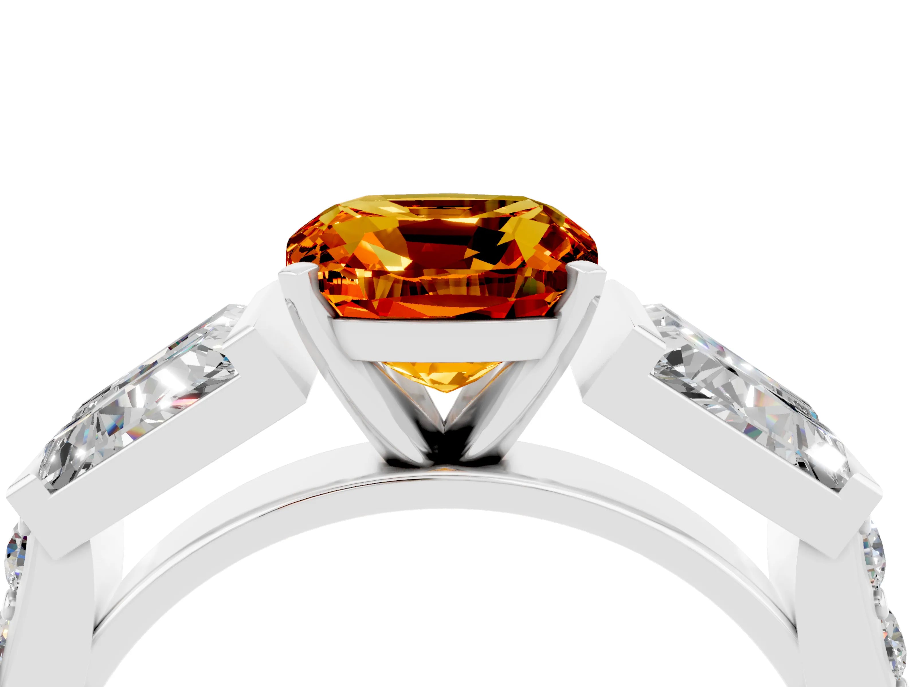 White gold Cushion Cut Citrine Engagement Ring with Baguette Side Stones and Channel Set Band_4