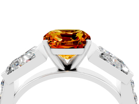 White gold Cushion Cut Citrine Engagement Ring with Baguette Side Stones and Channel Set Band_4