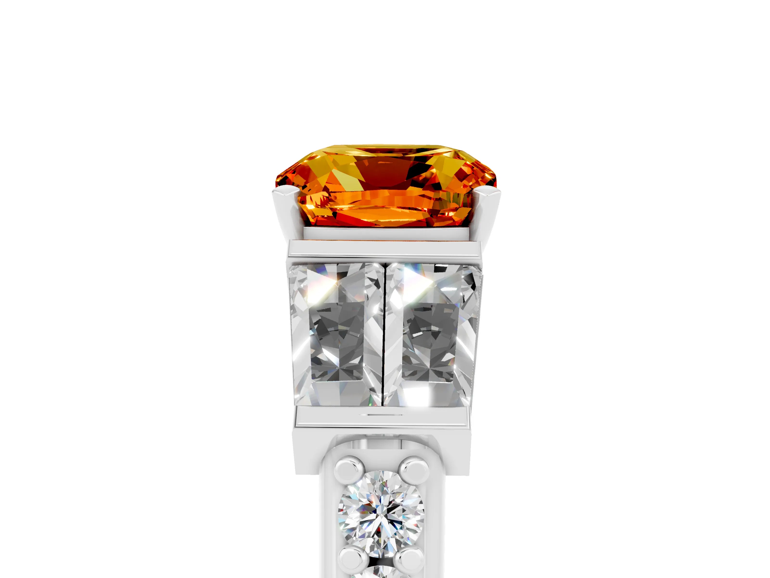 White gold Cushion Cut Citrine Engagement Ring with Baguette Side Stones and Channel Set Band_5