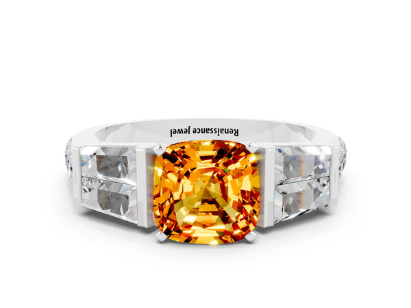 White gold Cushion Cut Citrine Engagement Ring with Baguette Side Stones and Channel Set Band