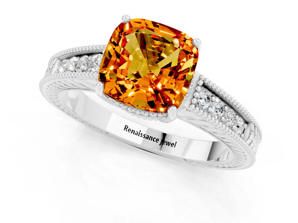 Silver Cushion Cut Citrine Engagement Ring with Milgrain Channel Set Band and Prong Setting