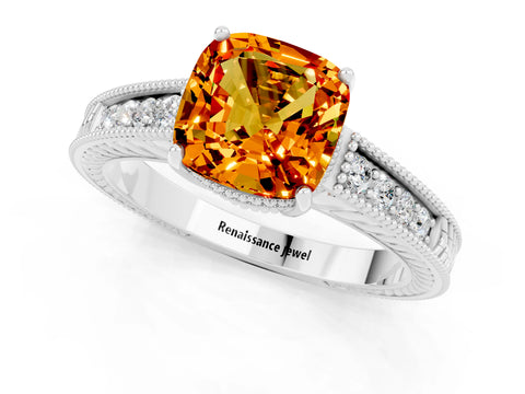 White gold Cushion Cut Citrine Engagement Ring with Milgrain Channel Set Band and Prong Setting_1