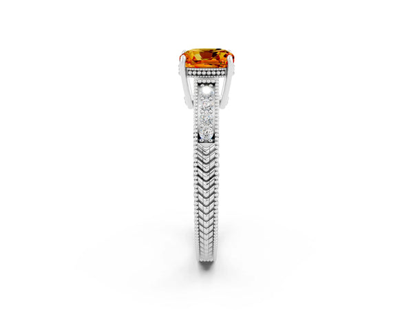 White gold Cushion Cut Citrine Engagement Ring with Milgrain Channel Set Band and Prong Setting