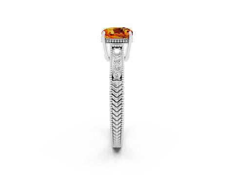White gold Cushion Cut Citrine Engagement Ring with Milgrain Channel Set Band and Prong Setting_2