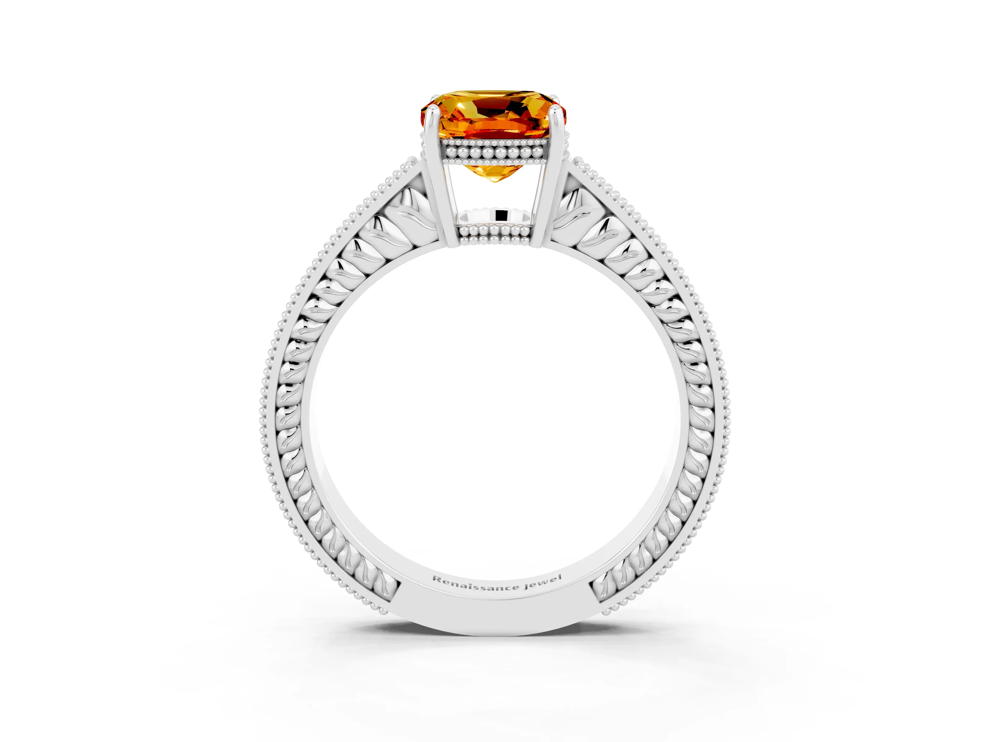 White gold Cushion Cut Citrine Engagement Ring with Milgrain Channel Set Band and Prong Setting_3