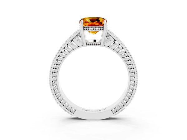 Silver Cushion Cut Citrine Engagement Ring with Milgrain Channel Set Band and Prong Setting