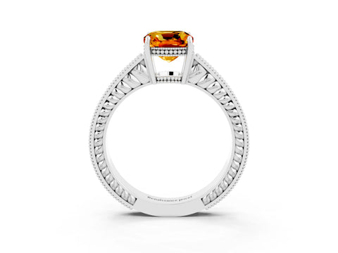 White gold Cushion Cut Citrine Engagement Ring with Milgrain Channel Set Band and Prong Setting_3