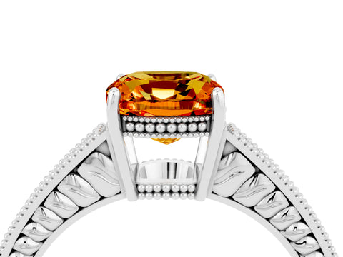 White gold Cushion Cut Citrine Engagement Ring with Milgrain Channel Set Band and Prong Setting_4