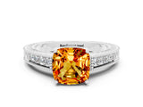 White gold Cushion Cut Citrine Engagement Ring with Milgrain Channel Set Band and Prong Setting