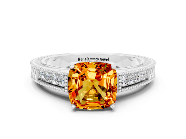 White gold Cushion Cut Citrine Engagement Ring with Milgrain Channel Set Band and Prong Setting