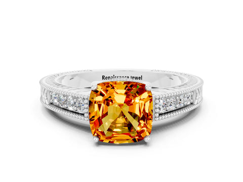 White gold Cushion Cut Citrine Engagement Ring with Milgrain Channel Set Band and Prong Setting