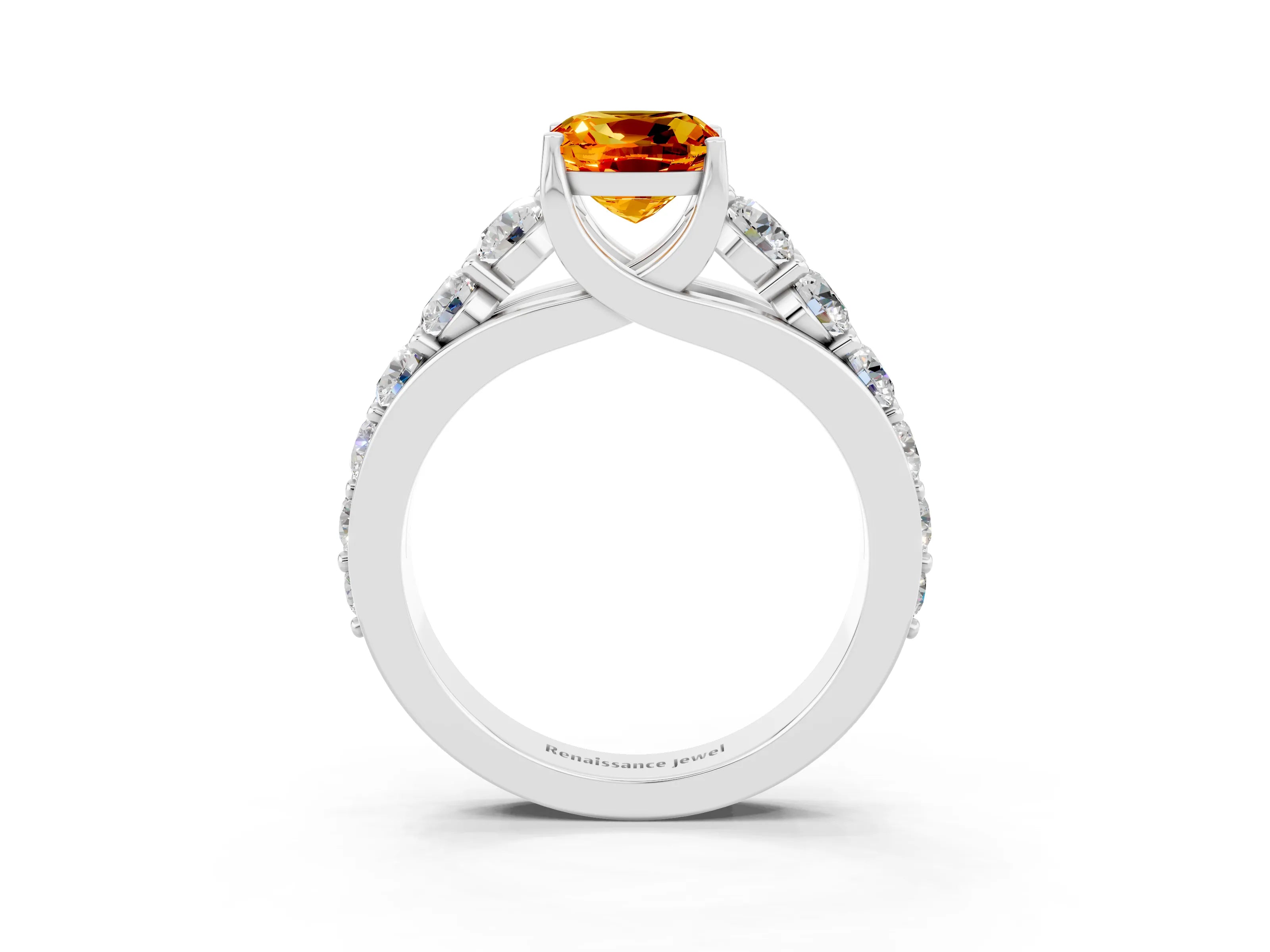 White gold Cushion Cut Citrine Engagement Ring with Pavé Band and Four-Prong Setting_3