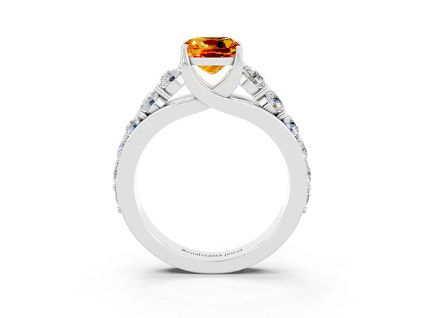 White gold Cushion Cut Citrine Engagement Ring with Pavé Band and Four-Prong Setting