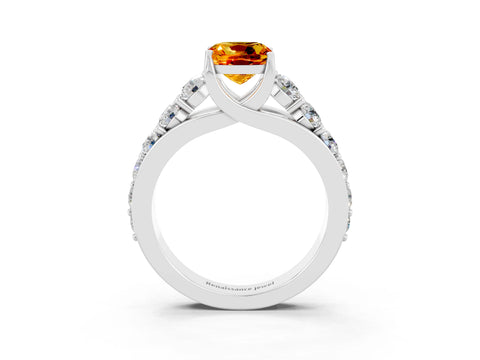 White gold Cushion Cut Citrine Engagement Ring with Pavé Band and Four-Prong Setting_3