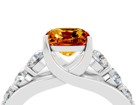 White gold Cushion Cut Citrine Engagement Ring with Pavé Band and Four-Prong Setting_4