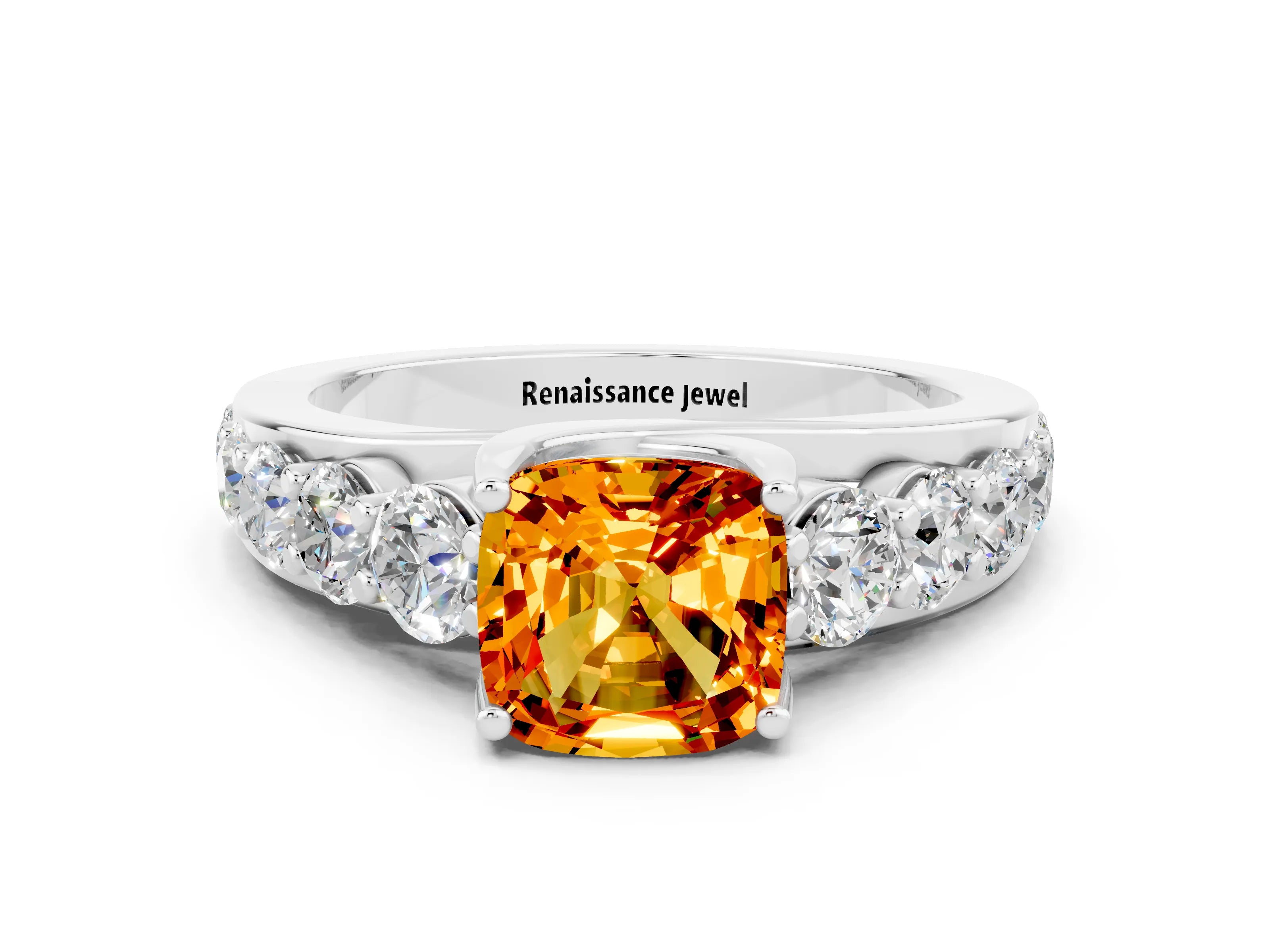 White gold Cushion Cut Citrine Engagement Ring with Pavé Band and Four-Prong Setting
