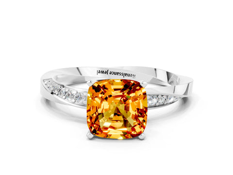 White gold Cushion Cut Citrine Engagement Ring with Side Stone Accents and Four-Prong Setting_27