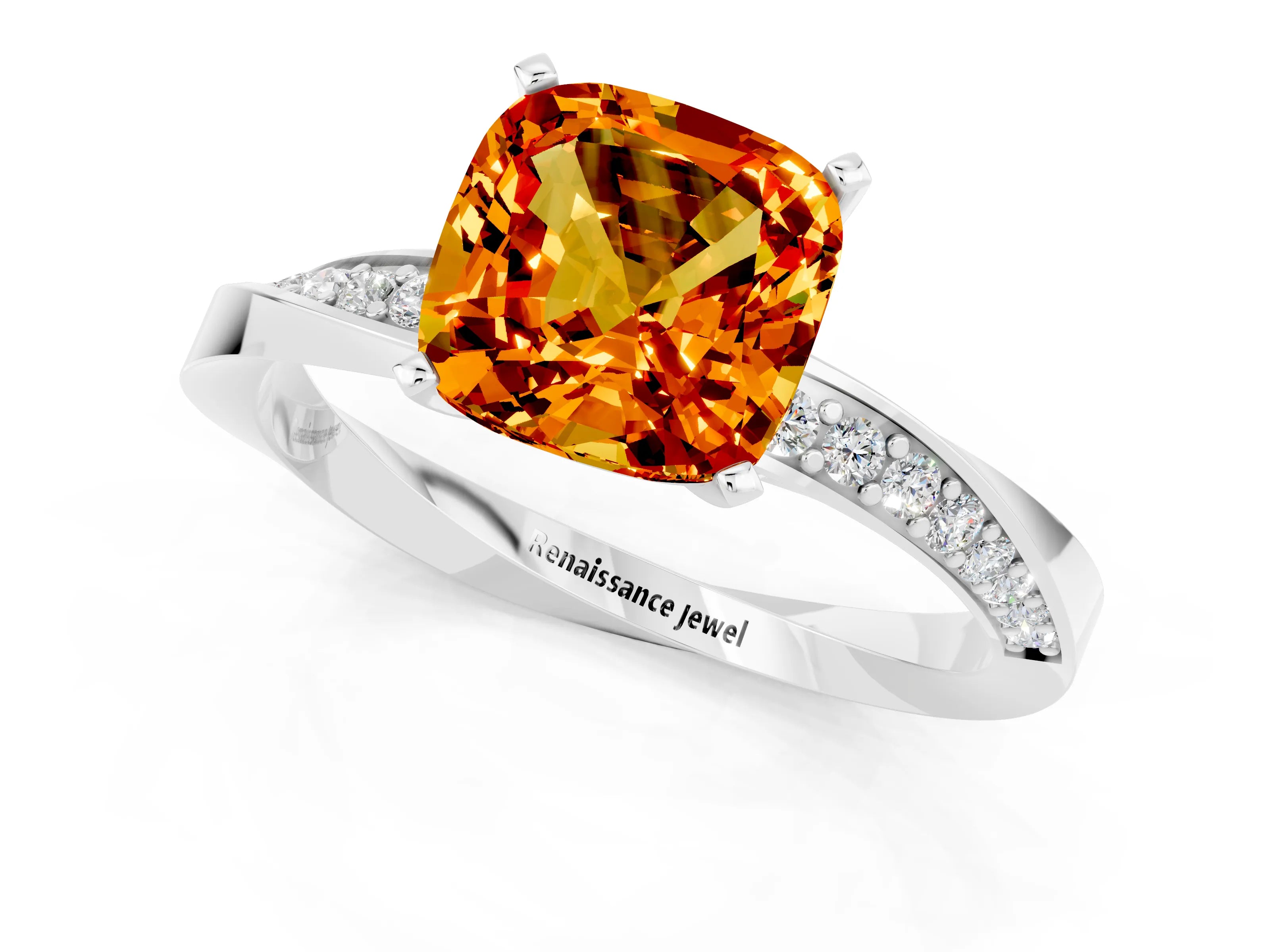 White gold Cushion Cut Citrine Engagement Ring with Side Stone Accents and Four-Prong Setting_28