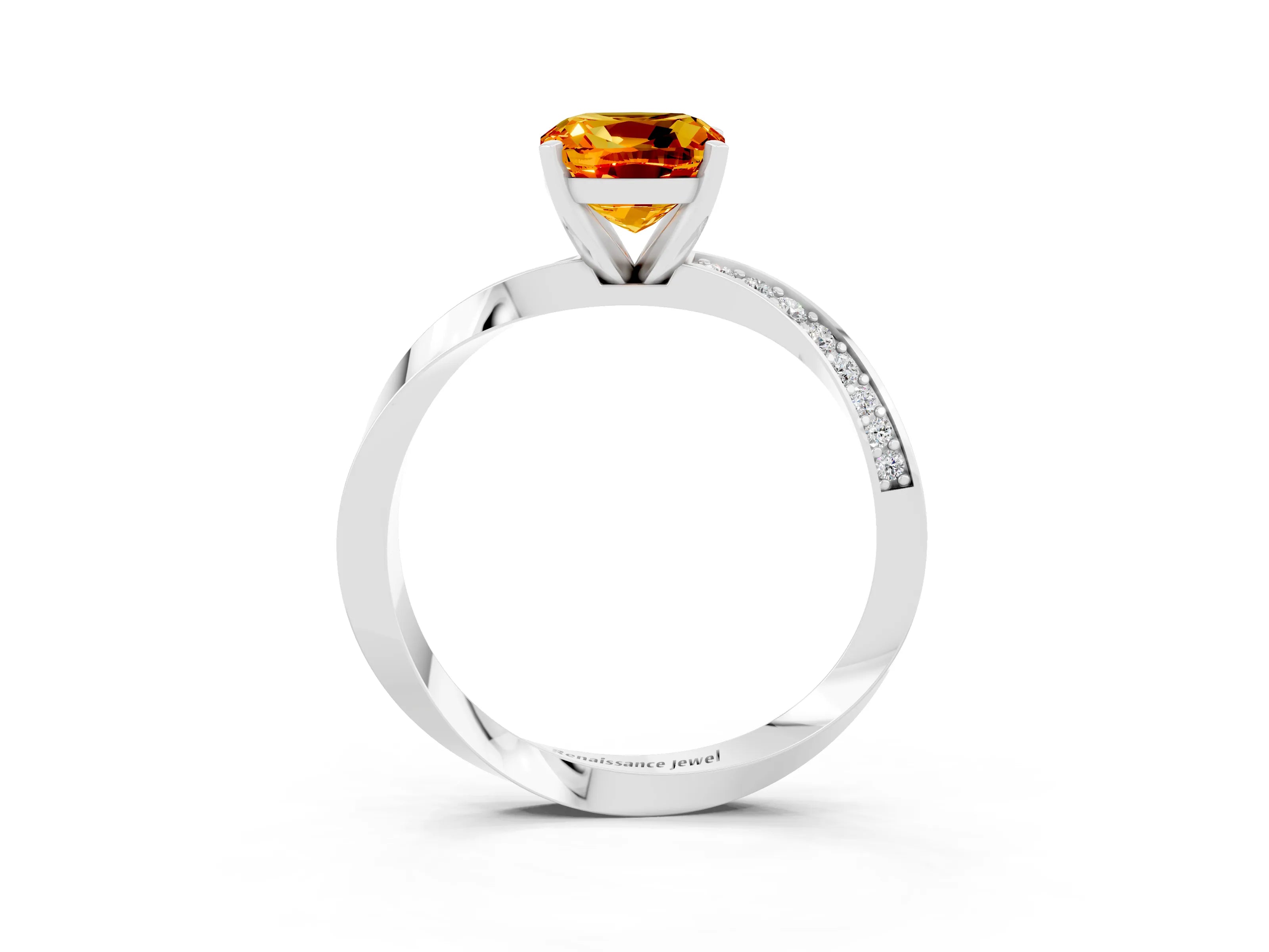 White gold Cushion Cut Citrine Engagement Ring with Side Stone Accents and Four-Prong Setting_30