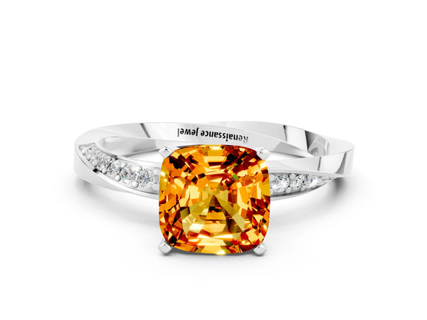 White gold Cushion Cut Citrine Engagement Ring with Side Stone Accents and Four-Prong Setting