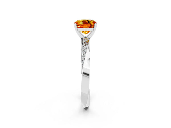 White gold Cushion Cut Citrine Engagement Ring with Side Stone Accents and Four-Prong Setting