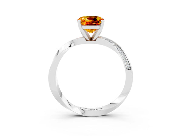 White gold Cushion Cut Citrine Engagement Ring with Side Stone Accents and Four-Prong Setting