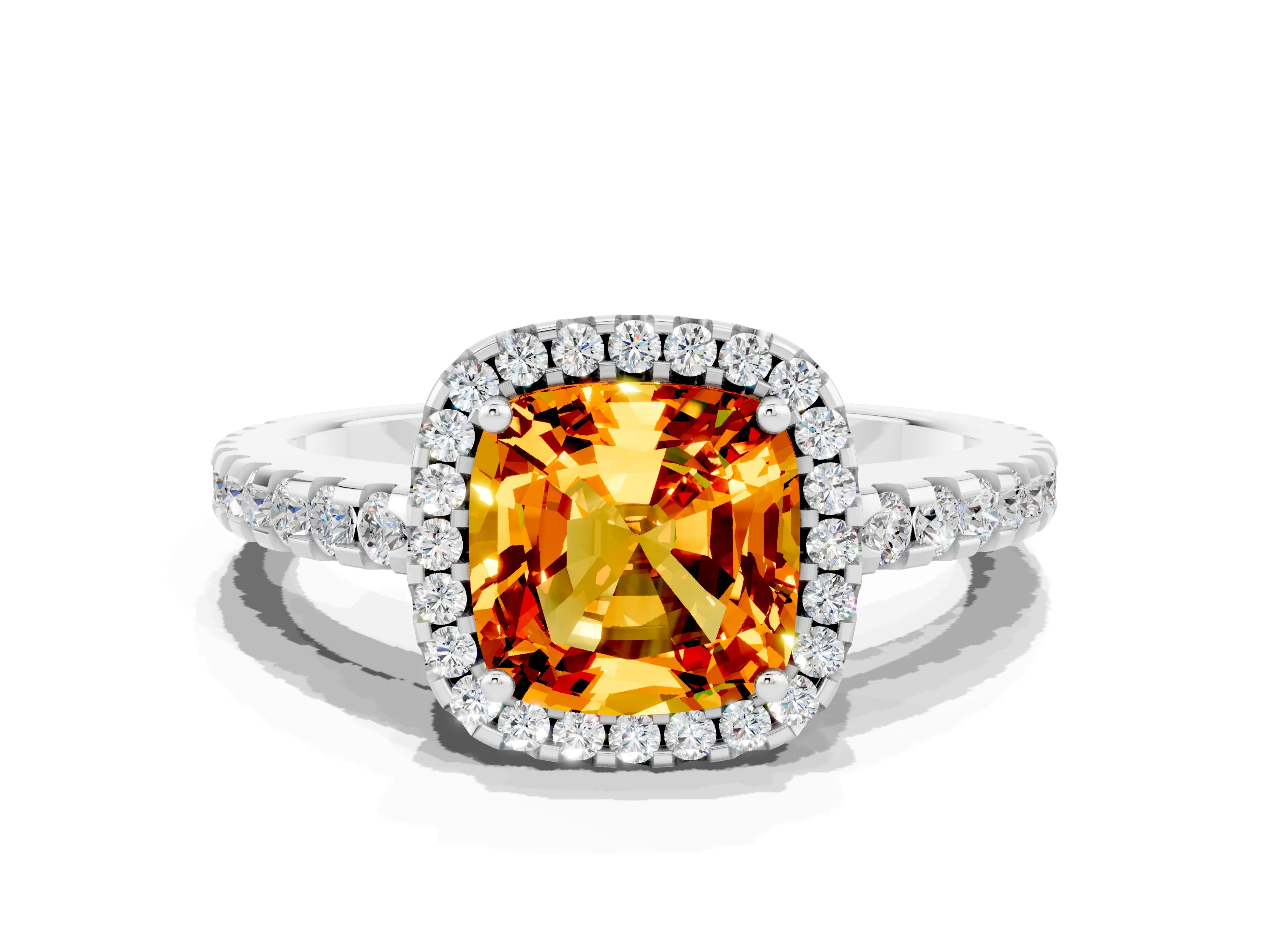 White gold Cushion Cut Citrine Halo Engagement Ring with Pavé Band and Prong Setting_12