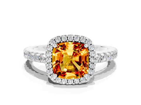 White gold Cushion Cut Citrine Halo Engagement Ring with Pavé Band and Prong Setting_12