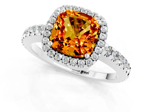 White gold Cushion Cut Citrine Halo Engagement Ring with Pavé Band and Prong Setting_13