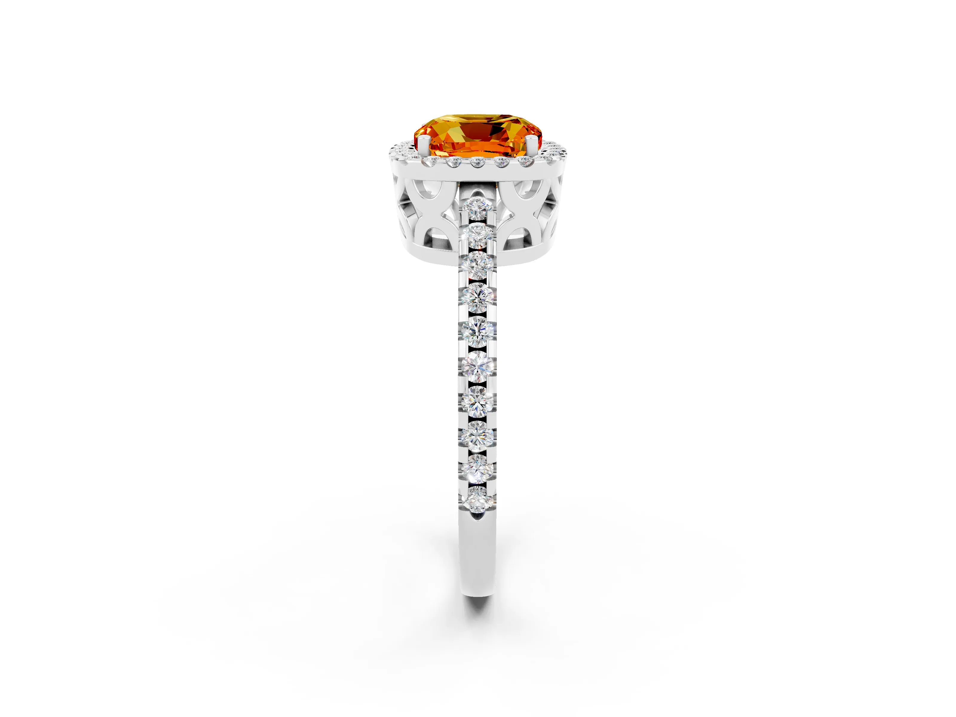 White gold Cushion Cut Citrine Halo Engagement Ring with Pavé Band and Prong Setting_14