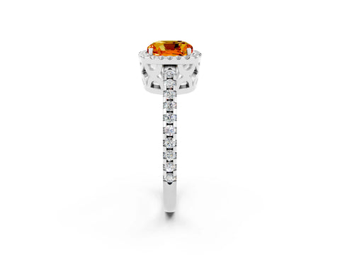 White gold Cushion Cut Citrine Halo Engagement Ring with Pavé Band and Prong Setting_14