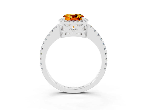 White gold Cushion Cut Citrine Halo Engagement Ring with Pavé Band and Prong Setting