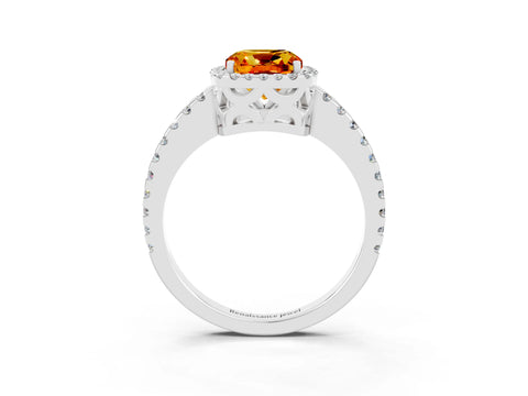 White gold Cushion Cut Citrine Halo Engagement Ring with Pavé Band and Prong Setting_15