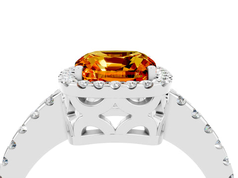 White gold Cushion Cut Citrine Halo Engagement Ring with Pavé Band and Prong Setting_16