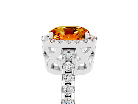 White gold Cushion Cut Citrine Halo Engagement Ring with Pavé Band and Prong Setting_17
