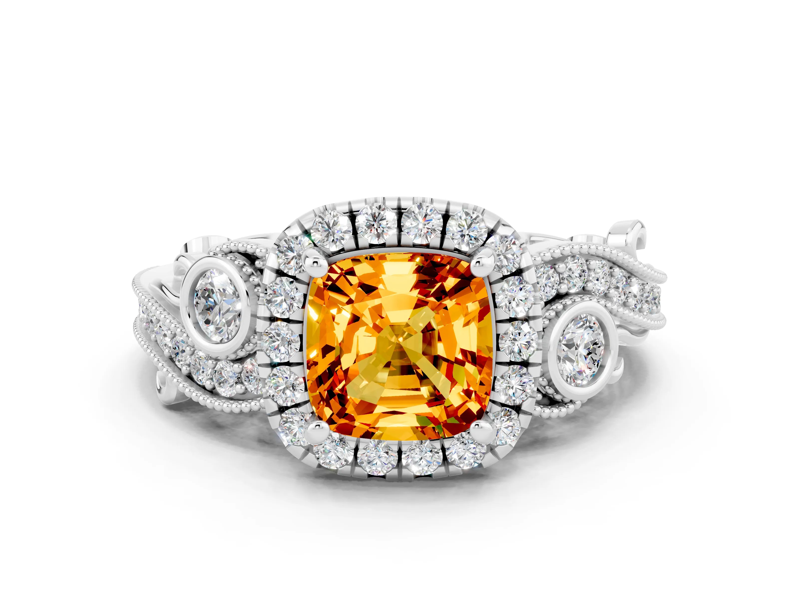 White gold Cushion Cut Citrine Halo Ring with Milgrain Pavé Band and Four-Prong Setting_12