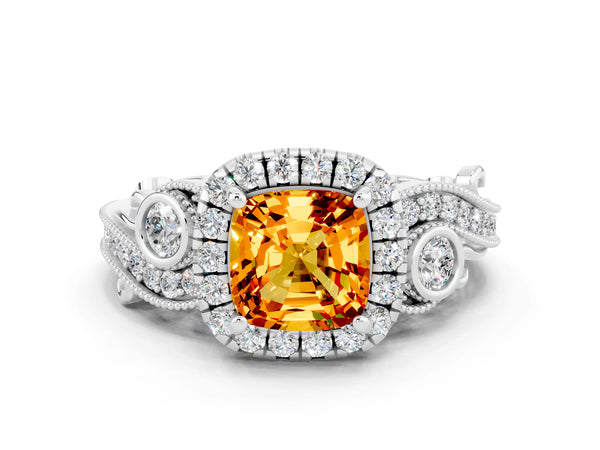 White gold Cushion Cut Citrine Halo Ring with Milgrain Pavé Band and Four-Prong Setting