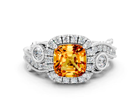 White gold Cushion Cut Citrine Halo Ring with Milgrain Pavé Band and Four-Prong Setting_12