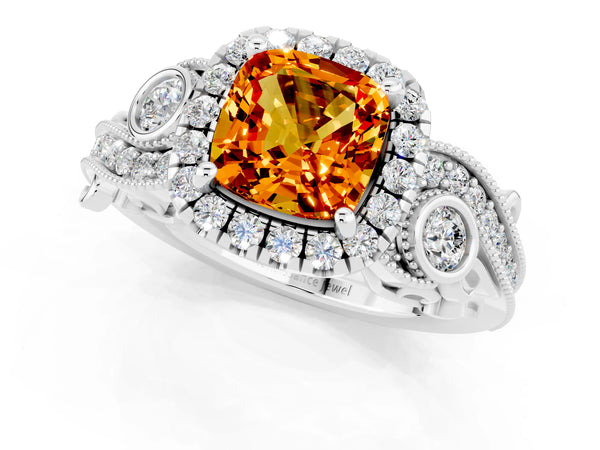 Silver Cushion Cut Citrine Halo Ring with Milgrain Pavé Band and Four-Prong Setting