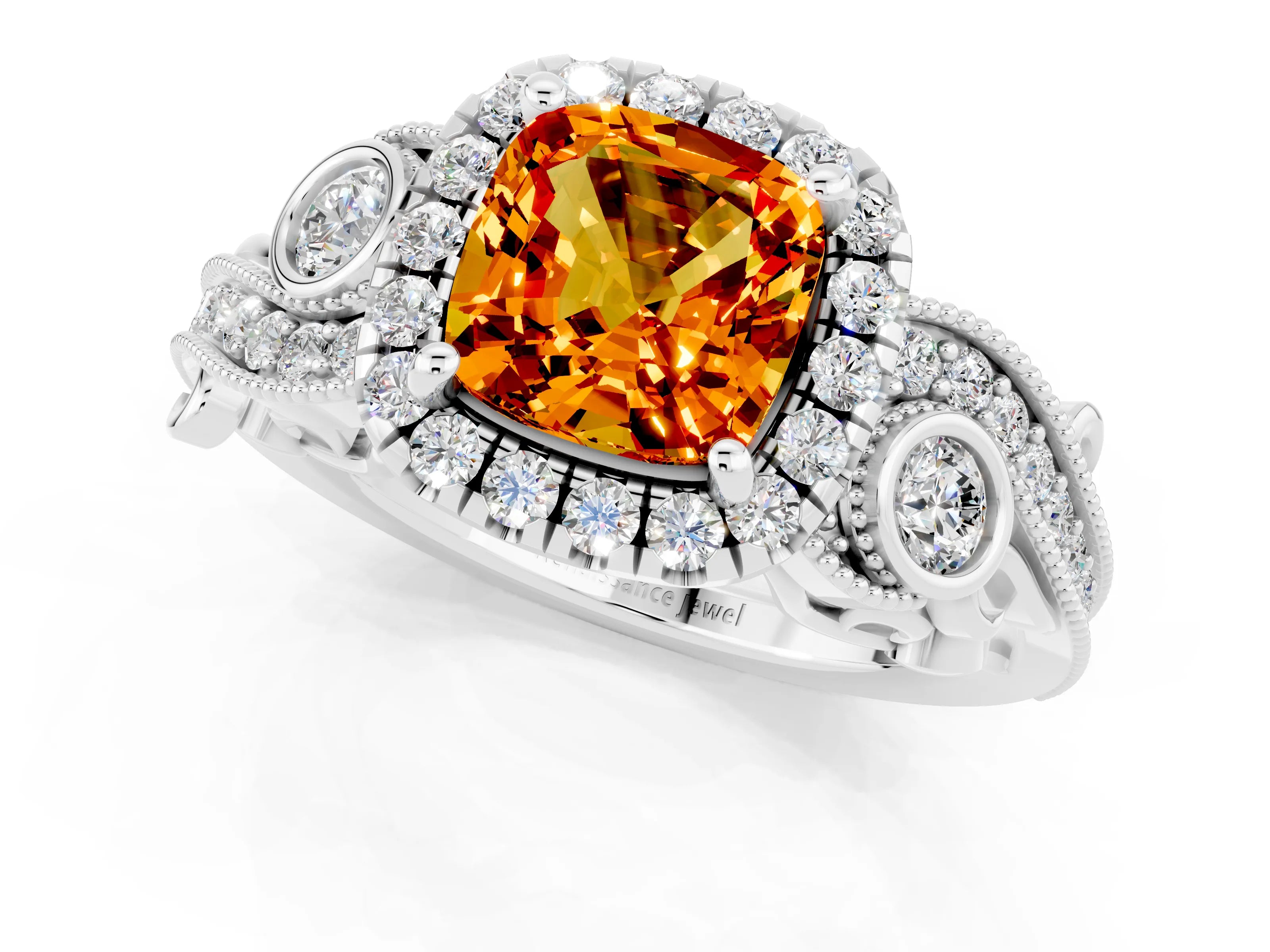 White gold Cushion Cut Citrine Halo Ring with Milgrain Pavé Band and Four-Prong Setting_13