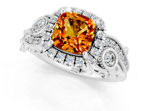 White gold Cushion Cut Citrine Halo Ring with Milgrain Pavé Band and Four-Prong Setting_13