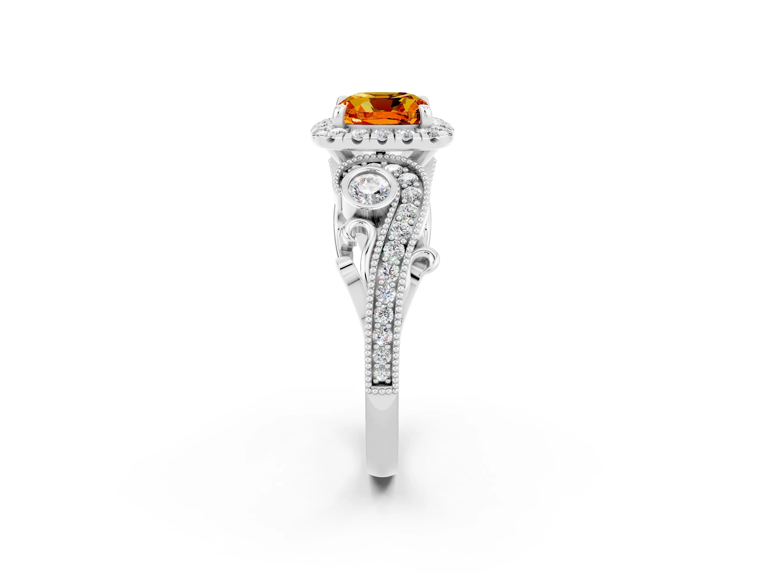 White gold Cushion Cut Citrine Halo Ring with Milgrain Pavé Band and Four-Prong Setting_14