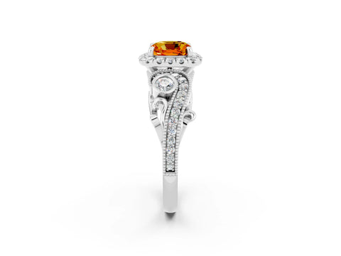 White gold Cushion Cut Citrine Halo Ring with Milgrain Pavé Band and Four-Prong Setting_14