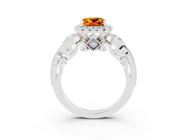 White gold Cushion Cut Citrine Halo Ring with Milgrain Pavé Band and Four-Prong Setting