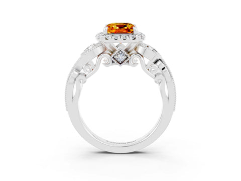 White gold Cushion Cut Citrine Halo Ring with Milgrain Pavé Band and Four-Prong Setting_15