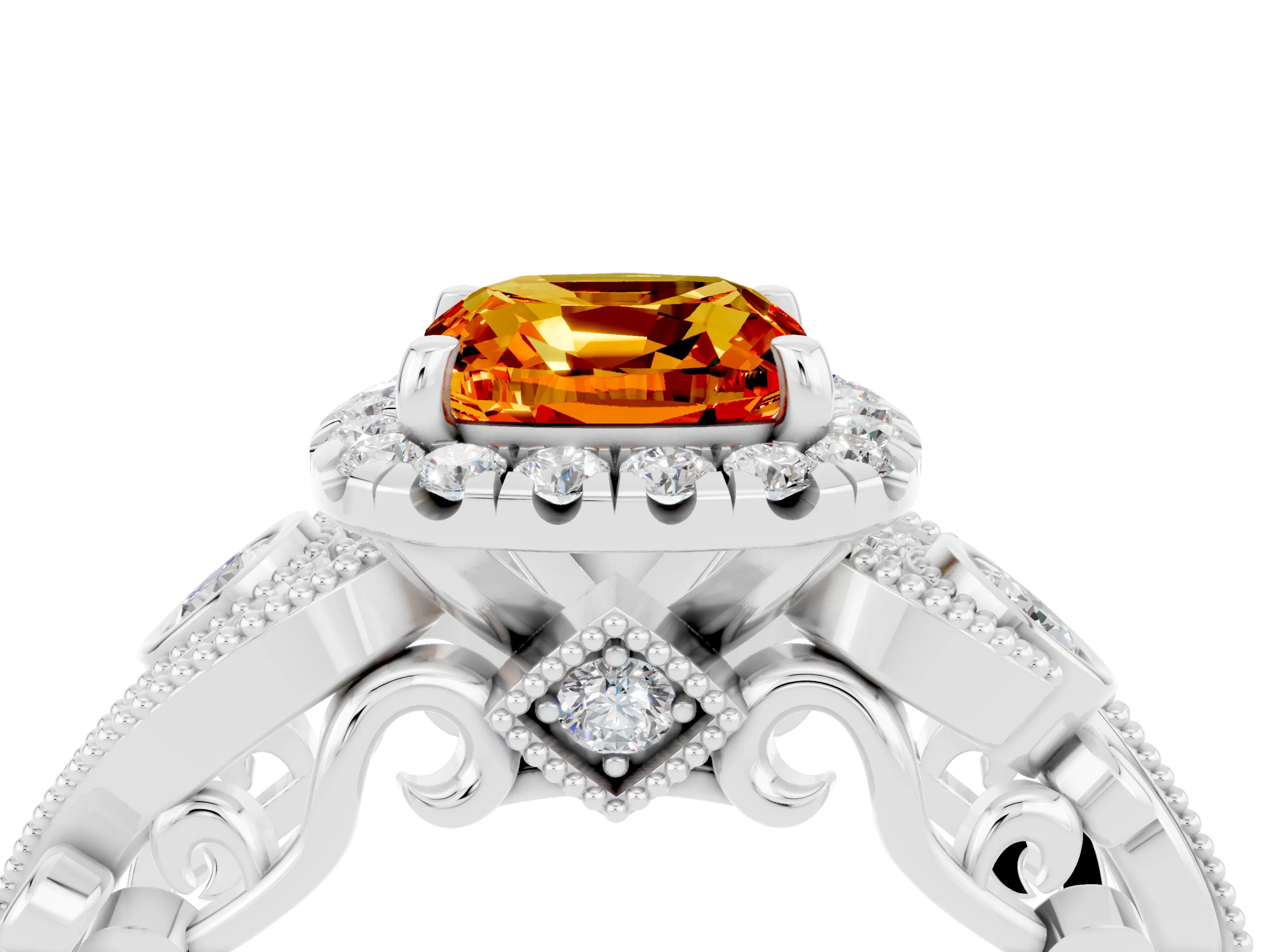 White gold Cushion Cut Citrine Halo Ring with Milgrain Pavé Band and Four-Prong Setting_16