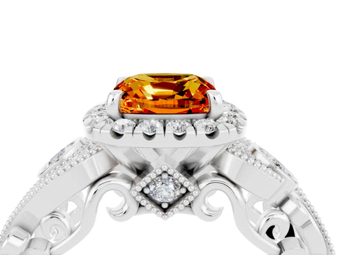 White gold Cushion Cut Citrine Halo Ring with Milgrain Pavé Band and Four-Prong Setting_16